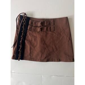 Stuck On Stupid Mini Skirt Women S Brown Stretch Lace Up Whimsigoth Y2K Buckles
